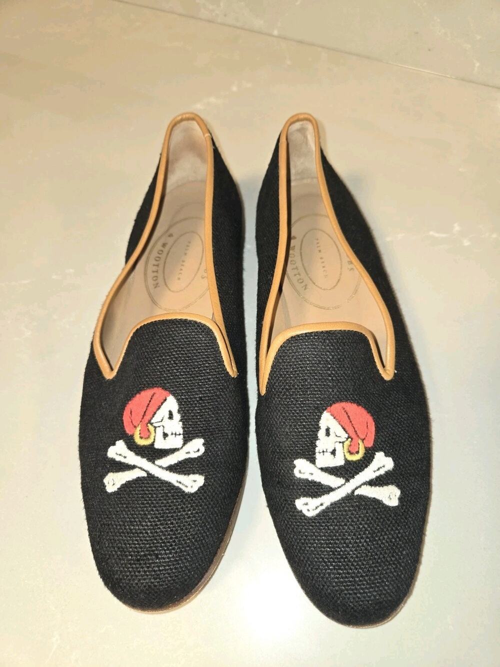 Stubbs & Wootton 7.5 Black Woven Jolly Roger Skull Embroidered Smoking Loafers